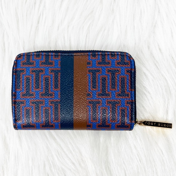 Tory Burch Blue Tan Leather T Logo Print Mini Key Card Wallet - Picture 5 of 7